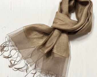 Sophia Dark Gold Organza Scarf 2 Layer Organza and Crepe Silk/Viscose Tasselled Bridal Bridesmaid Special Occasion Wrap