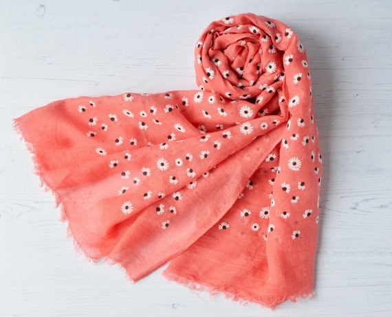 Ladies Women/'s Pink Daisy Flocked Long Scarf Mothers Day Gift Scarves Floral