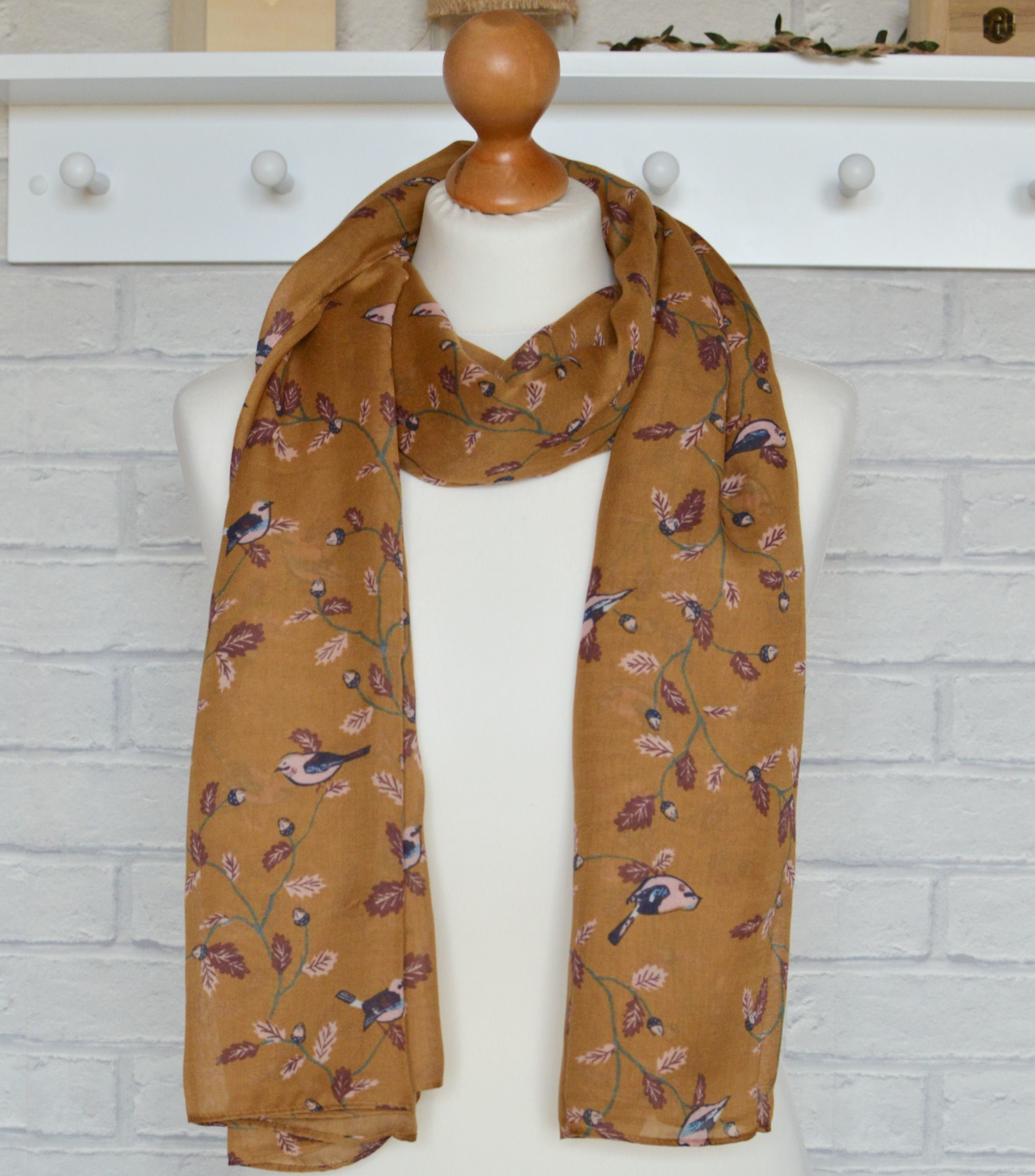 Mustard Bird Scarf Jay Bird Print Soft Semisheer Wrap With Etsy