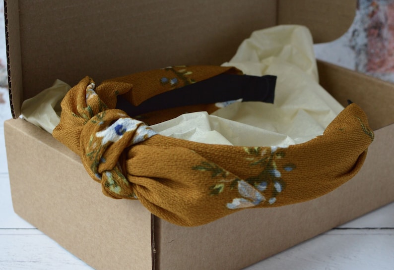 Mustard Floral Bow Headband, Vintage Style, Detachable Bow image 3