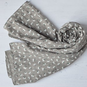 Lotus Flower Print Grey Cotton Mix Scarf with Herringbone Detail and Frayed Edges image 7