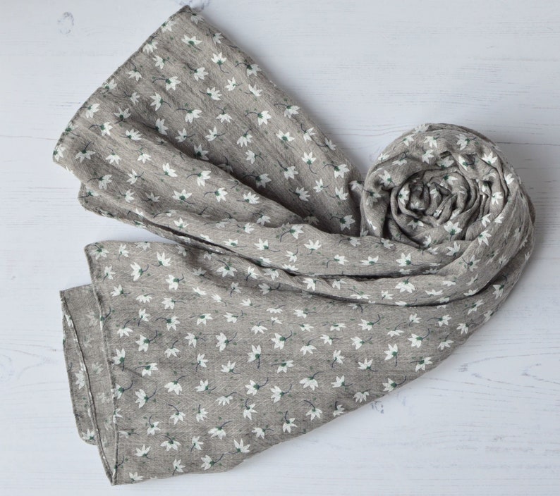 Lotus Flower Print Grey Cotton Mix Scarf with Herringbone Detail and Frayed Edges image 7