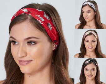 Floral Headbands 4 Pack or Single Silky Twisted Knot Hairband in Red Silver Pink & Black