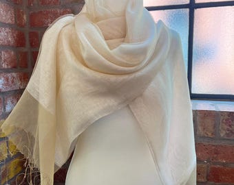Seconds Sale Organza Wrap in Cream Silk Crepe & Gold Organza Sophia Tasselled Special Occasion Scarf