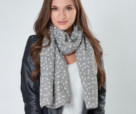 Lotus Flower Print Grey Cotton Mix Scarf With Herringbone