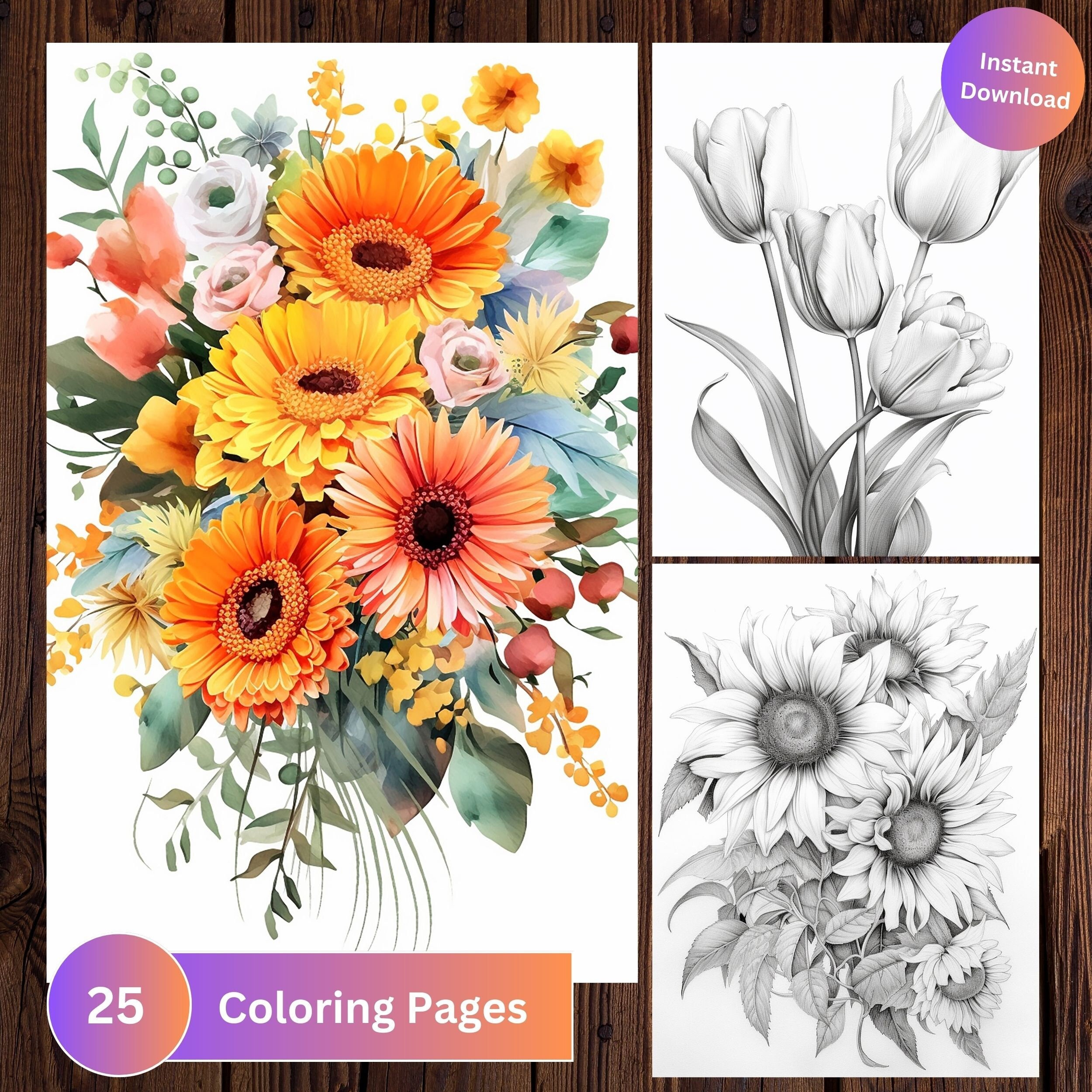 Flowers Coloring Pages for Adult Coloring Book Flowers Floral Grown up ...