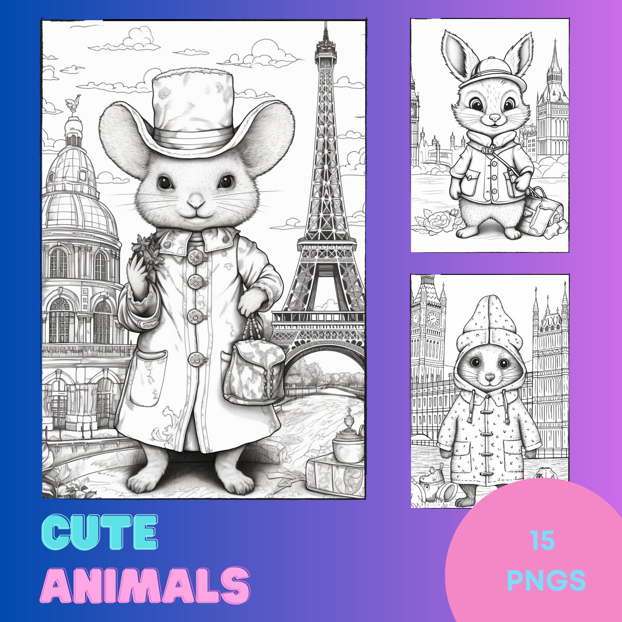 15 Animal Coloring Pages for Adults and Kids, Printable Instant