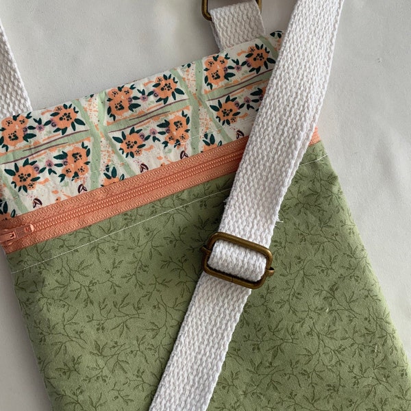 Cotton Fabric 9x7 On The Go Bag With Pockets, Essentials only bag, Small crossbody bag, Peach and green floral crossbody bag, ready to ship