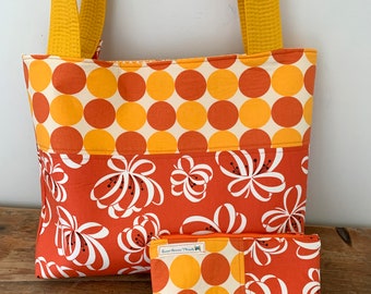 Bright and Colorful Shoulder Bag, Orange and yellow cotton fabric tote bag, tote bag zipper pouch set, Tote with pockets, Roomy large bag