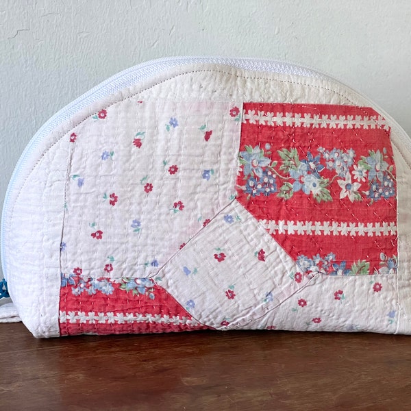 Upcycled vintage quilt Clam ritszakje, hergebruikte vintage bloemenkussensloop Cosmetische tas, reiszakje, opbergzakje voor schelpdieren