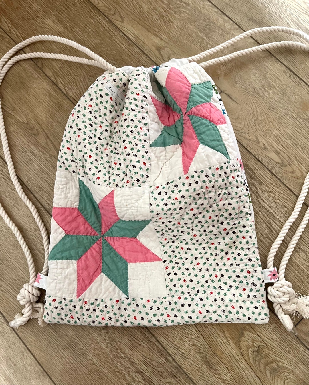 Vintage Quilt Drawstring Backpack, Upcycled Old Quilt Tote, Repurposed