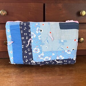 Repurposed Antique Quilt zipper pouch, small size cosmetic bag, Travel bag, gadget bag, 6x 4.5 pink blue purse pouch, Vintage quilt