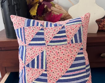 Vintage Quilt Pillow: 8x8 Fall Decor, Upcycled Granny Chic Throw Pillow