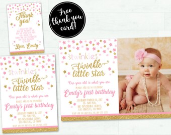 Twinkle twinkle little star first birthday invitation, Pink gold first birthday invitation,girl first birthday invitation,twinkle invitation