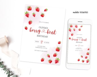 Berry First Birthday Invitation Berry First Birthday Digital Invitation Birthday Strawberry First Birthday Invite Girl Birthday Invitation
