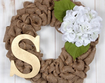 Monogram Burlap Wreath, Burlap Wreath, Hydrangea Burlap Wreath, Primitive Wreath, Contemporary Wreath, Customizable Wreath, Decor