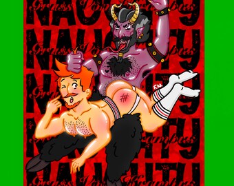 Naughty Boy! Queer Print - Digital Art - Gay Male - Christmas - Happy HoliGAYS - Queer Art - Procreate Painting - Krampus Print - Bondage
