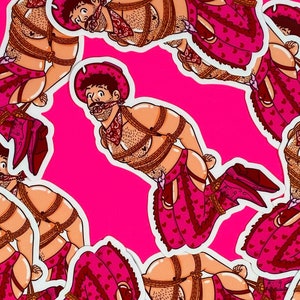 May include: A set of stickers featuring a cartoon cowboy character tied up with rope and wearing a pink and red heart-patterned outfit. The stickers are on a pink background.