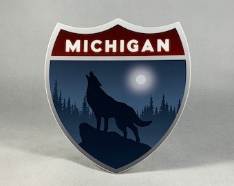 Up North Michigan Decal With Wolf Howling at the Full Moon