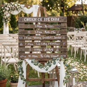 May include: A rustic wooden sign on an easel displays the wedding schedule. The sign, with white lettering, lists the order of events, including the ceremony, photos, breakfast, cake cutting, and departure. Greenery and white fabric decorate the easel.