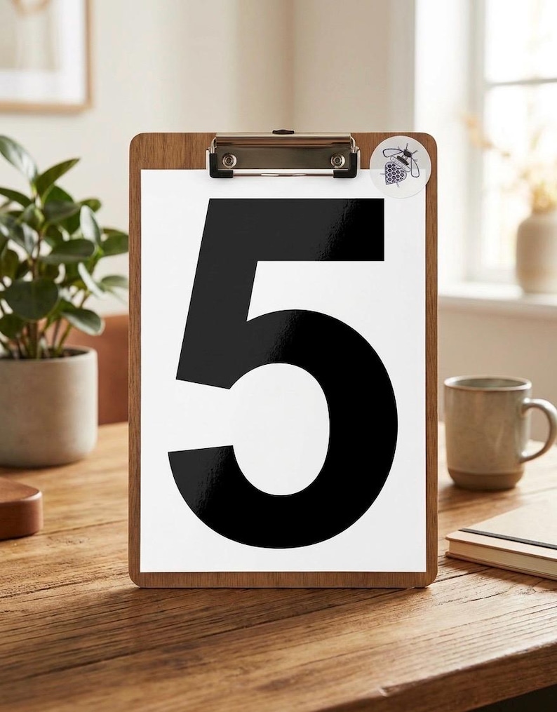 Op de afbeelding: Een houten clipboard met een wit papier met een groot zwart cijfer 5. Een kleine ronde sticker met een bijengrafiek is bevestigd. De clipboard ligt op een houten tafel.