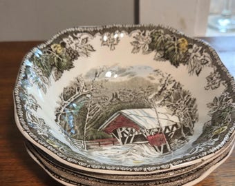 Vintage Johnson Brothers Friendly Village Lot of 4 Cereal Bowls Covered Bridge