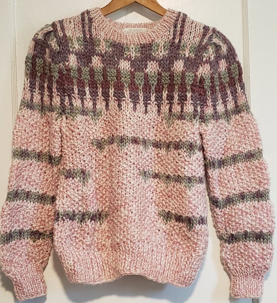 Vintage 80s Womens Pink Print Sweater Medium - image 1