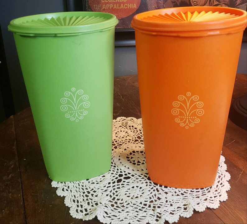Vintage Tupperware 70s Green and Orange Canisters Pair Etsy