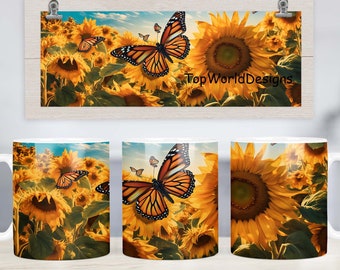 Watercolor Butterflies Sunflowers Mug Wrap, Sunflower Field Mug, Sunflower Coffee PNG, Butterfly Sublimation Design, Sunset, Country, Farm