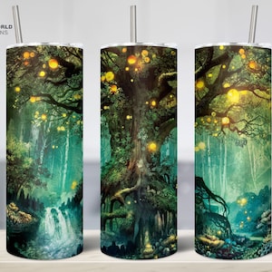 May include: Three stainless steel tumblers with a design of a forest scene with a large tree, glowing lights, and a waterfall. The tumblers are on a wooden surface.