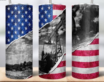 Oilfield Tumbler PNG, American flag, 20oz Skinny Tumbler Design, pumpjack, roughneck, Template Straight Tumbler Wraps, PNG Digital Download
