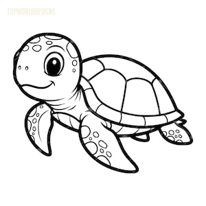 Op de afbeelding: Zwart-wit cartoon illustratie van een zeeschildpad. De schildpad heeft een lachend gezicht, grote ogen en een patroon op de schild. De afbeelding is een eenvoudige lijntekening, geschikt voor diverse toepassingen.