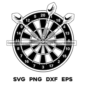 May include: A monochrome image of a dartboard with three darts embedded. The board features numbers and a central bullseye. The image also includes the text "SVG PNG DXF EPS".
