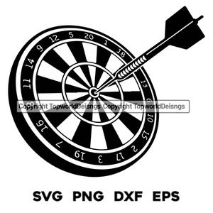 May include: A monochrome image of a dartboard with a dart embedded in the bullseye. The board features numbers and concentric rings. Below, the text reads "SVG PNG DXF EPS".
