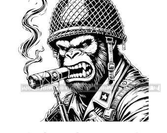 Gorilla Soldier SVG, Military Gorilla with Cigar, T-shirt Design, Guerrilla, Gorilla Silhouette, war Warrior, Military Helmet, Cut File
