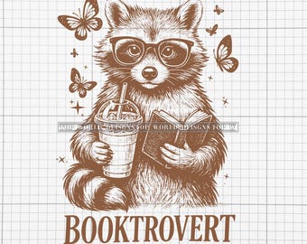 Booktrovert SVG, Bookworm SVG, Funny Book Lover svg, Reading Raccoon png, Trendy Bookish svg, Retro Reading, Book Lover Gift svg cut file