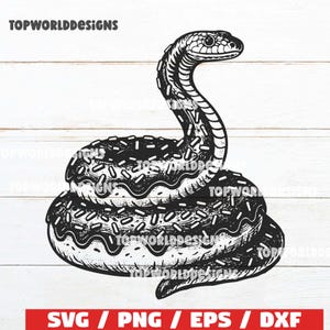 May include: Black and white illustration of a snake coiled like a donut, with chocolate frosting and sprinkles. The image includes the text "TOPWORLDDESIGNS" and "SVG / PNG / EPS / DXF".