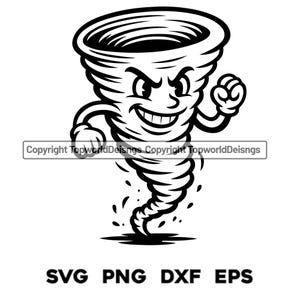 May include: Black and white cartoon illustration of a tornado with a smiling face, clenched fists, and swirling body. The image includes the text "SVG PNG DXF EPS" at the bottom and a copyright notice.