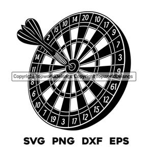May include: A monochrome image of a dartboard with a dart embedded in the center. The board features numbered segments and a bullseye. The image also includes the text "SVG PNG DXF EPS".