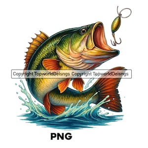 Lebendiges Barsch Angeln PNG - Springender Fisch & Köder Hochauflösender digitaler Download für Sublimation, T-Shirts, Anglerhandwerk