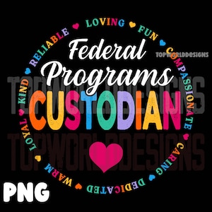 May include: A colorful graphic design with the text "Federal Programs Custodian" surrounded by a circle of words describing positive qualities, such as "loving", "fun", "compassionate", "caring", "dedicated", "warm", "loyal", "kind", and "reliable".