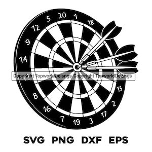 May include: A monochrome image of a dartboard with three darts embedded. The board features numbers and a central bullseye. The image also includes the text "SVG PNG DXF EPS".