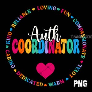 以下が含まれることがあります： 黒い背景にカラフルなグラフィック。レトロなスタイルの大きな文字で「Coordinator」と書かれています。その上に白い筆記体で「Auth」と書かれています。「Reliable」や「Loving」などの言葉がテキストを囲み、下部にピンクのハートがあります。