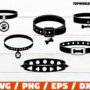 May include: Five different dog collar designs in black. The collars feature various embellishments, including paw prints, bones, and studs.