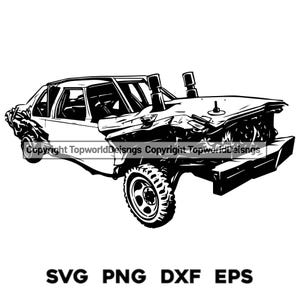 Pode incluir: Ilustração a preto e branco de um carro muito danificado, possivelmente um veículo de derby de demolição. O carro tem danos significativos na frente, pneus grandes e dois tubos de escape. A imagem inclui o texto "SVG PNG DXF EPS".
