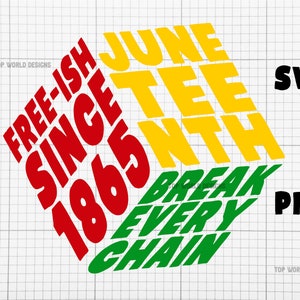 May include: A graphic design featuring the text "FREE-ISH SINCE 1865" in red, "JUNE TEENTH" in yellow, and "BREAK EVERY CHAIN" in green. The design also includes the text "SVG" and "PNG" in black.