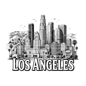 May include: A black and white graphic illustration of the Los Angeles skyline featuring the Hollywood sign on a hillside, various skyscrapers, palm trees, and birds in the sky. The text LOS ANGELES is printed in large bold letters at the bottom.