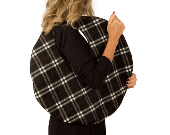 Round bag, round shopper, plaid fabric bag, soft bag, shoulder bag, light bag, black  and white bag