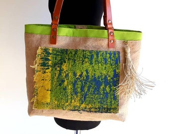 Women fabric bag, hand-painted bag, hand painted tote bag, apple green fabric bag, shopper bag, handmade bag, shoulder bag