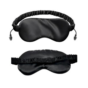 May include: Black sleep mask with an adjustable strap and earplugs. The mask is made of soft, silky material.